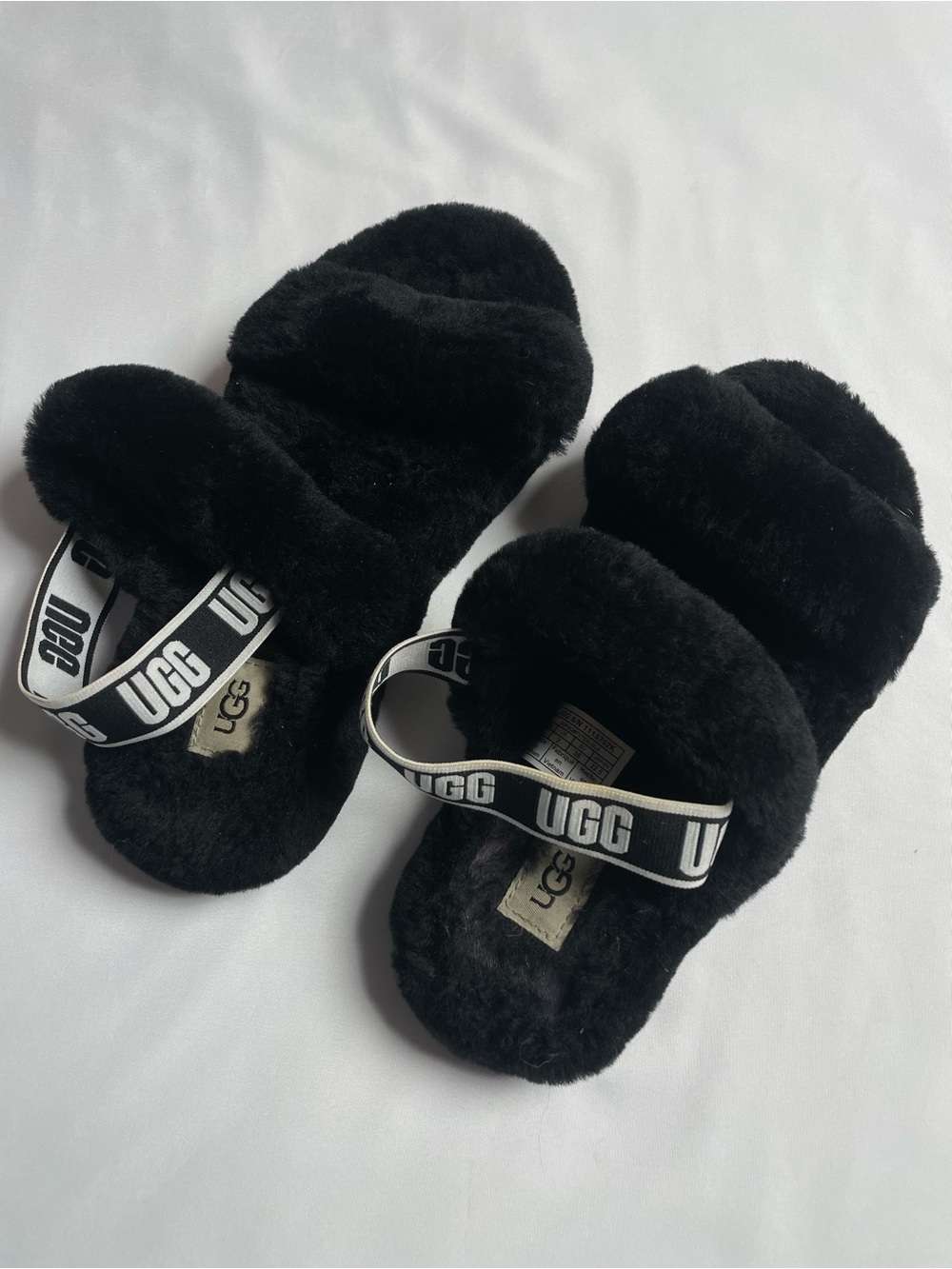UGG Fluff Yeah Slide Slippers – Black Fuzzy Logo Strap, Size 4